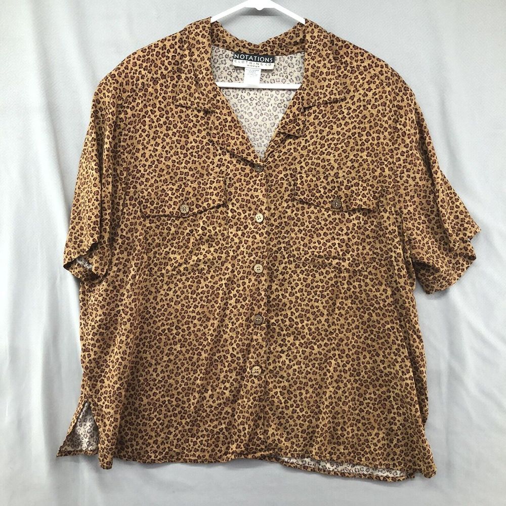 Vintage Notations Short Sleeve Brown Button Up Blouse Plus Size 1X Women